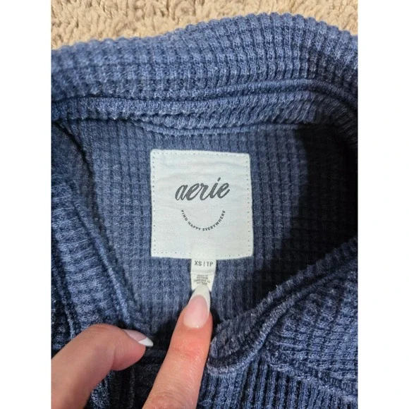 Aerie Oversized Lumberjane Waffle Knit Button Down Shirt Blue Long Sleeve - XS - Picture 9 of 12